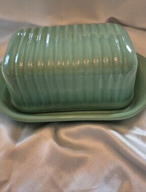 Butter Dish Bauer Ceramic Ribbed in Seafoam Green 6" Size NWOT